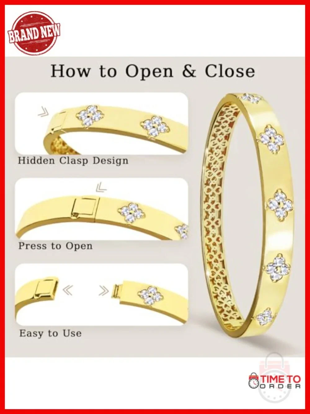 14K Gold Plated Moissanite Clover Bangle Bracelet, D Color VVS1